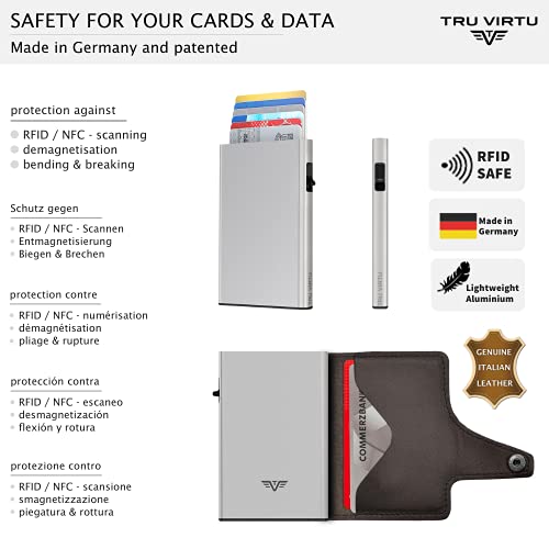 TRU VIRTU® Tarjetero Click & Slide Nappa Marrón/Negro I Estuche para Tarjetas de crédito I Tarjetero con protección RFID-NFC I Billetera de Genuino Cuero Italiano I Billetera I Slim Wallet