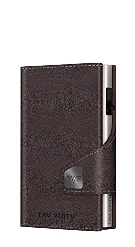 TRU VIRTU® Tarjetero Click & Slide Nappa Marrón/Negro I Estuche para Tarjetas de crédito I Tarjetero con protección RFID-NFC I Billetera de Genuino Cuero Italiano I Billetera I Slim Wallet