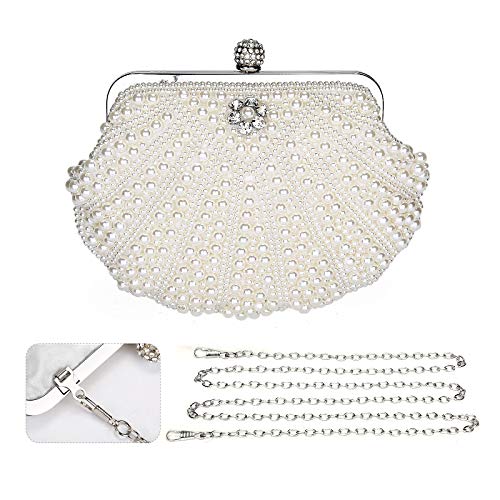 UBORSE Bolso de Fiesta Pequeña Elegante Bolsa de Noche Perlas Mujer Bolso de Boda Clutch Monedero del Banquete Cocktail con 3 Correas de Cadena extraíbles,Blanco