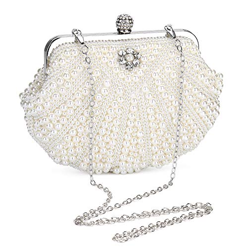 UBORSE Bolso de Fiesta Pequeña Elegante Bolsa de Noche Perlas Mujer Bolso de Boda Clutch Monedero del Banquete Cocktail con 3 Correas de Cadena extraíbles,Blanco