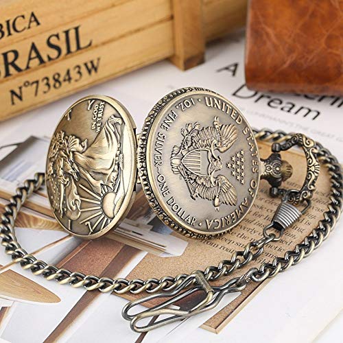 UIEMMY Reloj de bolsillo Estatua de la Libertad Moneda Conmemorativa 1oz Plata fina Monedas de un dólar Coleccionables Estados Unidos de América Reloj de bolsillo de cuarzo, cadena de 30 cm