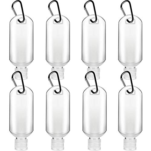 Ulife Mall 8 Piezas Botellas de Viaje Portátiles, 50ml Contenedores de Viaje de Plástico Transparente con Mosquetón Botellas Vacía Prueba de Fugas Rellenable para Desinfectante de Manos, Loción