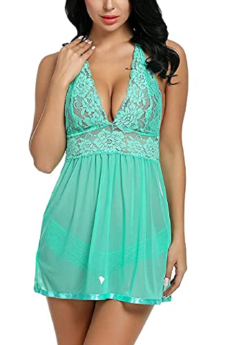 UMIPUBO Conjunto de Ropa de Dormir para Mujer, Frente Abierto, Encaje Floral, tentación, lencería de en V Profundo, camisón, Vestido sin Mangas, Ropa Interior Suave Babydoll (Verde Agua, XL)