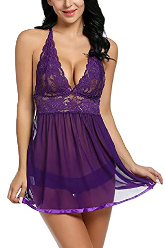 UMIPUBO Conjunto de Ropa de Dormir para Mujer, Frente Abierto, Encaje Floral, tentación, lencería de en V Profundo, camisón, Vestido sin Mangas, Ropa Interior Suave Babydoll (Púrpura, L)