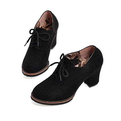 UMore Otoño Mujer Tacones Altos Vintage Gamuza con Cordones Zapatos de Negocios Elegantes Bombas de Punta Redonda Color sólido Oficina Carrera Zapatos Oxford