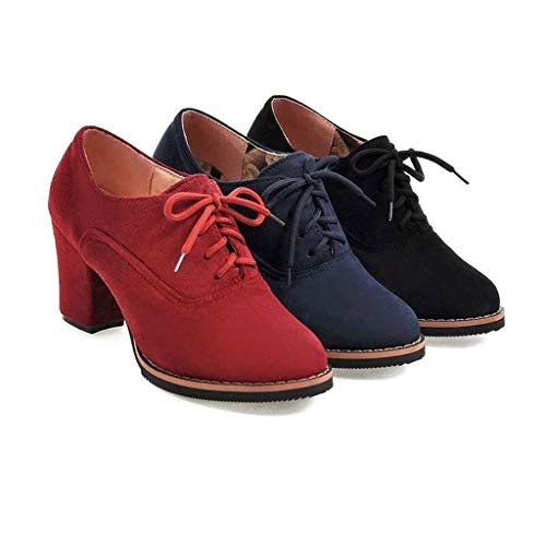 UMore Otoño Mujer Tacones Altos Vintage Gamuza con Cordones Zapatos de Negocios Elegantes Bombas de Punta Redonda Color sólido Oficina Carrera Zapatos Oxford