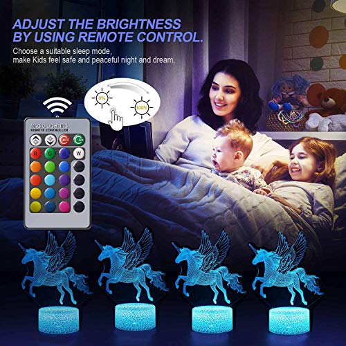 Unicornio 3D Luz Nocturna para Niños, LED Luces nocturnas Ilusión, 3D Lámpara de Luz 7 Colores Cambian con Control Remoto, Regalos para Niños Niñas y Adultos (unicornio2)