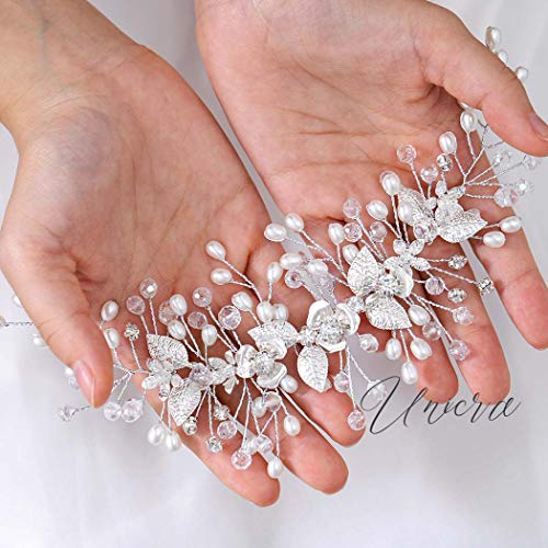 Unicra Novia boda pelo vid flor tocado perla Rhinestone accesorios para el cabello para mujeres y niñas (plata)