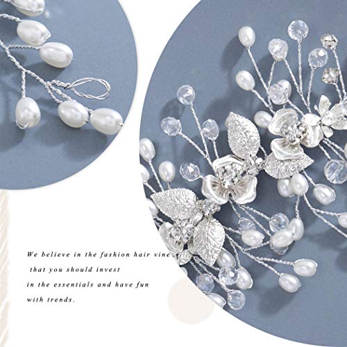 Unicra Novia boda pelo vid flor tocado perla Rhinestone accesorios para el cabello para mujeres y niñas (plata)