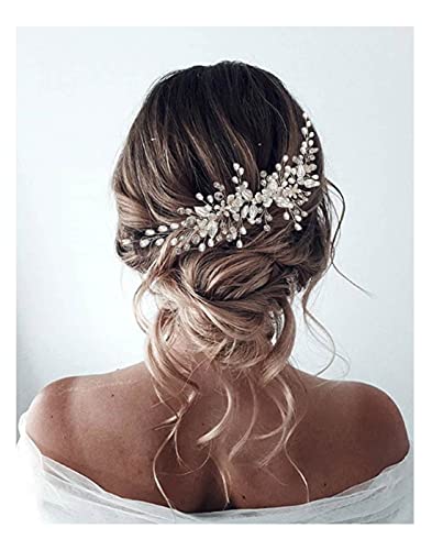 Unicra Novia boda pelo vid flor tocado perla Rhinestone accesorios para el cabello para mujeres y niñas (plata)