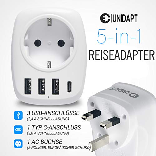 Unidapt Adaptador de Viaje para Reino Unido UK Adaptador de Enchufe para Reino Unido, 3 Puertos USB + 1 Tipo C, Adaptador de Corriente de 2 Pines a 3 para España de Europa GB Gran Bretaña Dubái Tipo G