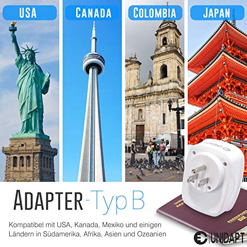 Unidapt Adaptador Europa a USA, Adaptador EEUU con 3 USB+1 USB C, Enchufe Americano USB para Mexico Canada Tailandia Colombia, Adaptador Enchufe Americano 2 Patas Europa hacia 3 Patas EEUU, Tipo B