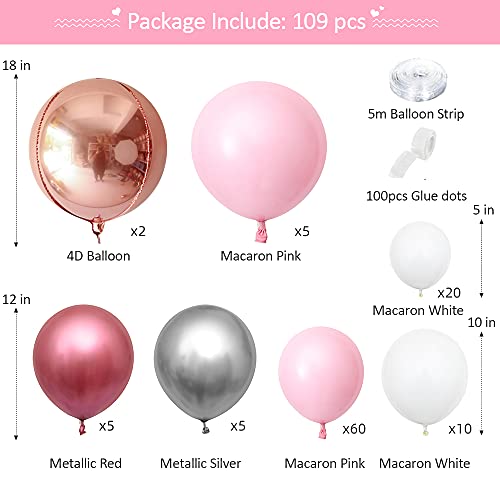 Unisun - Kit de guirnalda de globos, 111 piezas de arco de globos con globos pastel rosa blanco, globos de oro rosa 4D rojo metálico plateado para cumpleaños, baby shower, fiesta, boda, decoración