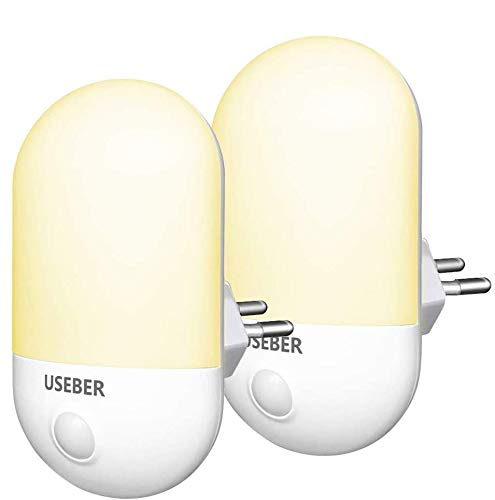 Useber Luz Nocturna Infantil,[2 Piezas] Luz Calida LED Noche con Luz Sensor, Luz Lámpara Quitamiedos Infantil con Enchufe,Ahorro de Energía Luz para Habitación Bebé,Pasillos,Dormitorio,Sala,Baño