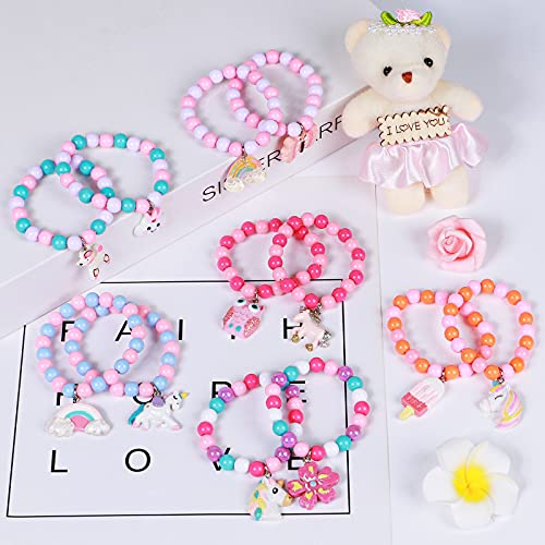 Vamei 12 Piezas Pulseras Niña Colorido Cuentas Pulseras con Colgante Unicornio Arco Iris Mariposa Pulseras de Amistad Princesa Joyas Fiesta Cumpleaños Regalo para Niñas