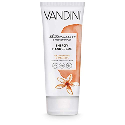 VANDINI Crema de manos energizante para mujeres con flor de naranjo y aceite de babasú - cremas intensiva para pieles secas - libre de siliconas y parabenos - 1x 75 ml