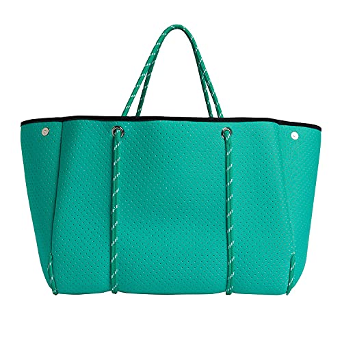 VANYLU Bolso Mujer Shopper Classic de Neopreno. Bolso Tote Grande de Tela Impermeable para Uso Casual. Tote Bag Clásico de Cuerdas con Cierre Magnético. (Verde Agua)