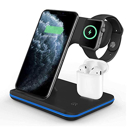 vcloo Cargador Inalámbrico Rápido - 3 en 1 Estación de Carga Rápida Qi Inalámbrica Soportes de Carga de para iPhone 11/11 Pro MAX/X/XS MAX / 8 / i Watch Series 2/3/4/5 Airpods 2