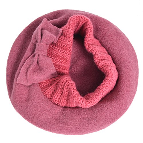 VECRY Mujer Boina 100% Lana Vestido Beanie Invierno Sombrero (Rosado)