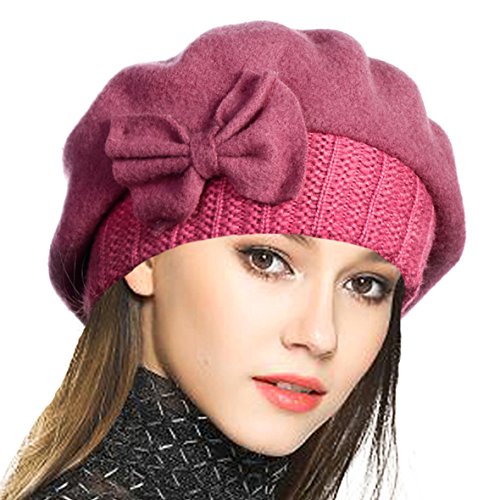 VECRY Mujer Boina 100% Lana Vestido Beanie Invierno Sombrero (Rosado)