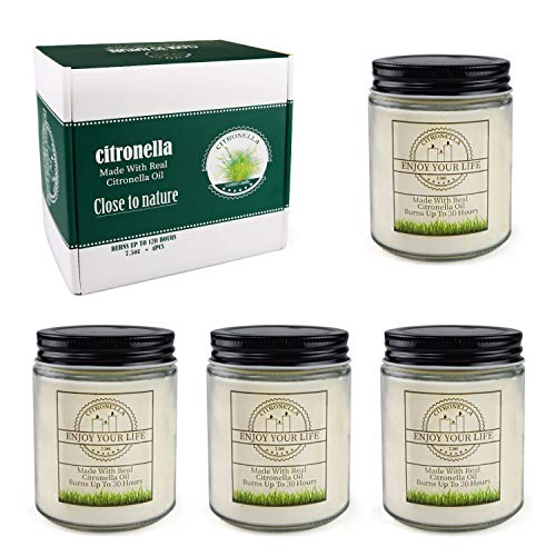 Velas Citronela de 4 Piezas Velas Perfumadas de 7.2 Onzas Cera de Soja Natural y Aceites Esenciales en Frasco Grande para Jardín Interior y Exterior dura Hasta 120 Horas Traje para Acampar y Picnic