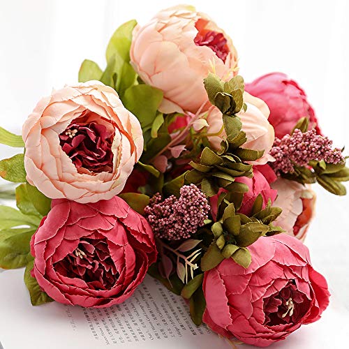 Veryhome Vintage Artificial Peony Seda Flores Ramos de Flores Decoración de la Boda Mesa de Hogar Cocina Oficina Jardín Plantas de Novia Polvo Profundo-1