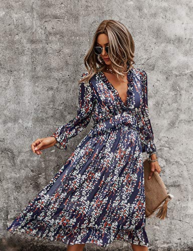 Vestido Mujer Bohemio Largo Verano Playa Fiesta Floral Manga Larga Cuello en V Maxi Vestidos Cóctel Falda Larga Vestido Swing Armada L