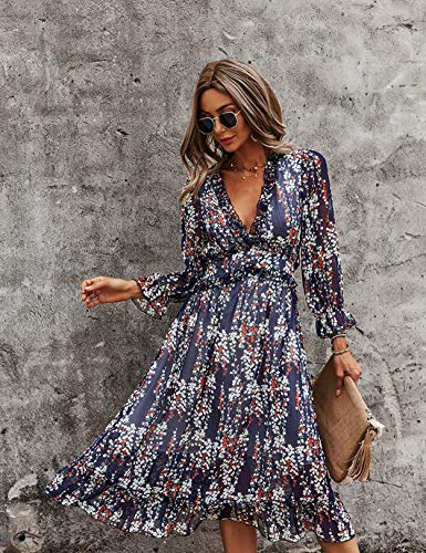 Vestido Mujer Bohemio Largo Verano Playa Fiesta Floral Manga Larga Cuello en V Maxi Vestidos Cóctel Falda Larga Vestido Swing Armada L