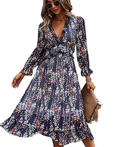 Vestido Mujer Bohemio Largo Verano Playa Fiesta Floral Manga Larga Cuello en V Maxi Vestidos Cóctel Falda Larga Vestido Swing Armada L