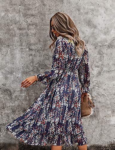 Vestido Mujer Bohemio Largo Verano Playa Fiesta Floral Manga Larga Cuello en V Maxi Vestidos Cóctel Falda Larga Vestido Swing Armada L