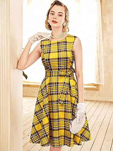 Vestidos Amarillo Plaid Años 50 Mujer Vestido de Cóctel Rockabilly Clásico Vestido a Cuadros de Verano Fiesta Casual con Bolsillos y Cinturón S