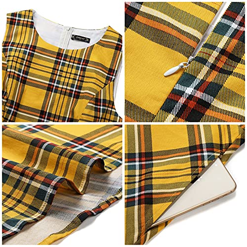 Vestidos Amarillo Plaid Años 50 Mujer Vestido de Cóctel Rockabilly Clásico Vestido a Cuadros de Verano Fiesta Casual con Bolsillos y Cinturón S