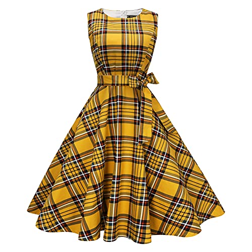 Vestidos Amarillo Plaid Años 50 Mujer Vestido de Cóctel Rockabilly Clásico Vestido a Cuadros de Verano Fiesta Casual con Bolsillos y Cinturón S