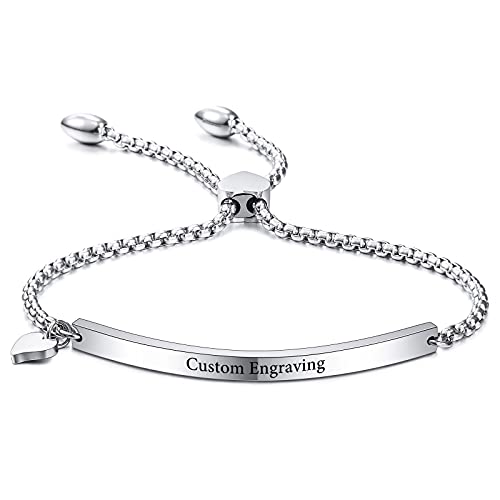 VIBOOS Pulsera Personalizada con Nombre Grabado Fecha para Mujeres Niñas Brazalete De Acero Inoxidable con Cadena De Eslabones Ajustable Etiqueta De Corazón Dama De Honor Mejor Amiga Joyería Regalos