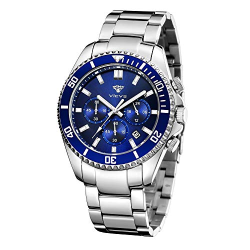 VICVS Relojes para Hombre Cronógrafo Reloj de Cuarzo analógico Resistente al Agua Reloj de Pulsera de Acero Inoxidable de diseñador para Hombre Relojes de Moda para Hombre (Azul)