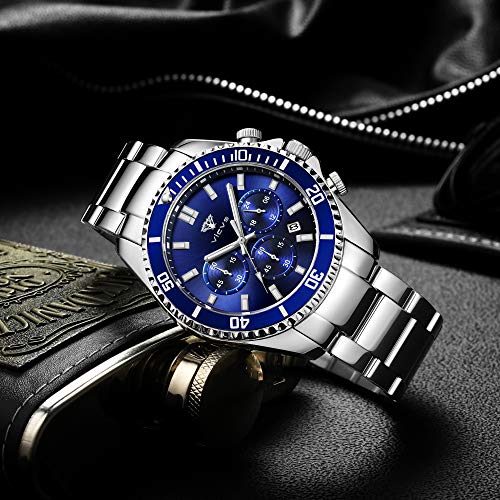 VICVS Relojes para Hombre Cronógrafo Reloj de Cuarzo analógico Resistente al Agua Reloj de Pulsera de Acero Inoxidable de diseñador para Hombre Relojes de Moda para Hombre (Azul)