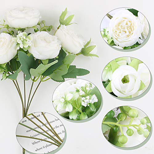 VINFUTUR 3 Ramos de Peonías Artificiales Decorativas Flores Artificiales Peonías Falsas Blancas con Verdes para Decoración Jarrón Boda Fiesta Mesa Hogar Regalos Manualidad DIY