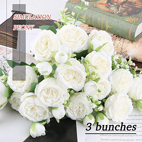 VINFUTUR 3 Ramos de Peonías Artificiales Decorativas Flores Artificiales Peonías Falsas Blancas con Verdes para Decoración Jarrón Boda Fiesta Mesa Hogar Regalos Manualidad DIY