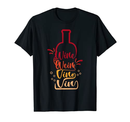 Vino Multi Traducción Botella De Vino Caligrafía Tipografía Camiseta