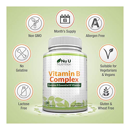 Vitamina B Complex | 180 Comprimidos (Suministro para 6 meses) | Contiene Ocho Vitaminas del grupo B por Comprimido: B1, B2, B3, B5, B6, B12, D-Biotina y Ácido Fólico | Complejo Vitamina B