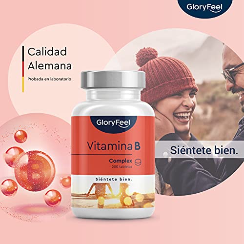 Vitamina B Complex - 200 Tabletas veganas (Suministro para 6+ meses) - Dosis altas de B1 B2 B3 B5 B6 B7 (biotina) B9 (acido folico) y B12 - Solo 1 al día - Contra el agotamiento mental y el estrés