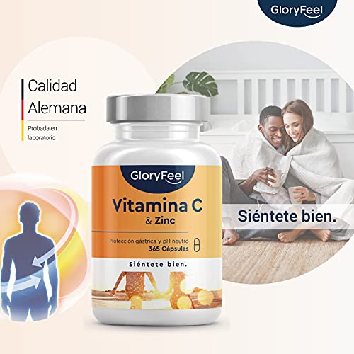 Vitamina C 1000mg + Zinc - 365 Cápsulas Veganas - Apoya el sistema inmunológico y reducen la fatiga - Vitamina C Tamponada con Protección gástrica y pH neutro - Sin aditivos