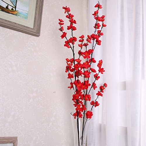 VLUNT 5 flores artificiales de ramas largas, simulación de flores de ciruelo para fiestas, oficina, jardín, decoración del hogar, accesorios de fotografía, color rojo