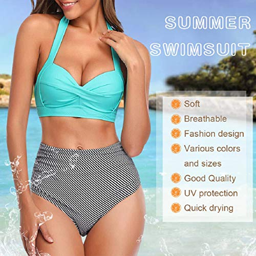 Voqeen Bikini Mujer Traje de Baño Retro con Halter Cuello Relleno Sujetador Push Up Braguitas de Cintura Alta con Pliegues BañAdores Ropa de Playas (Azul, S)