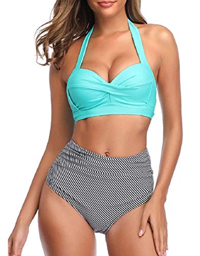 Voqeen Bikini Mujer Traje de Baño Retro con Halter Cuello Relleno Sujetador Push Up Braguitas de Cintura Alta con Pliegues BañAdores Ropa de Playas (Azul, S)