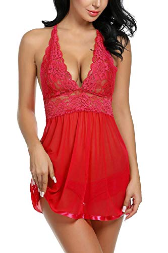 Voqeen Mujeres Body de Encaje lencería Semitransparente Sexy sin Mangas Vestido de Babydoll sin Mangas para Mujer Atractivo Ropa de Dormir (Rojo, XL)