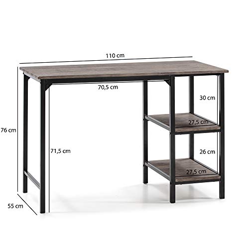 VS Venta-stock Mesa de Escritorio Colón Negro, Mesa de Ordenador, 2 estantes, Estilo Industrial, 110 (Largo) x 55 (Profundo) x 76 (Altura) cm