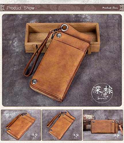 WALLPU Cartera Hecha A Mano para Hombre,Billetera De Cuero De Gamuza para Hombres Billetera Larga con Cremallera Simple para Hombres,Darkbrown