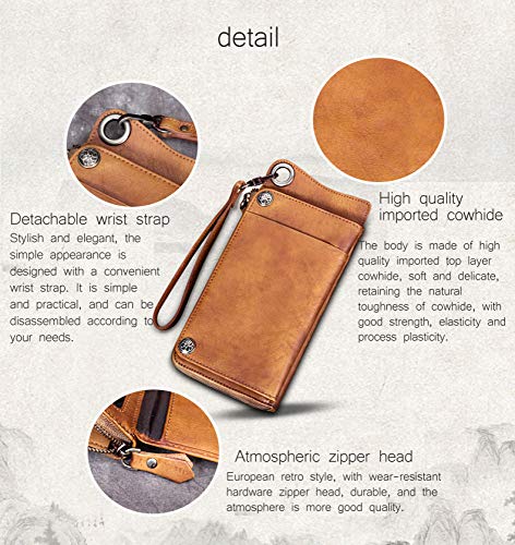 WALLPU Cartera Hecha A Mano para Hombre,Billetera De Cuero De Gamuza para Hombres Billetera Larga con Cremallera Simple para Hombres,Darkbrown