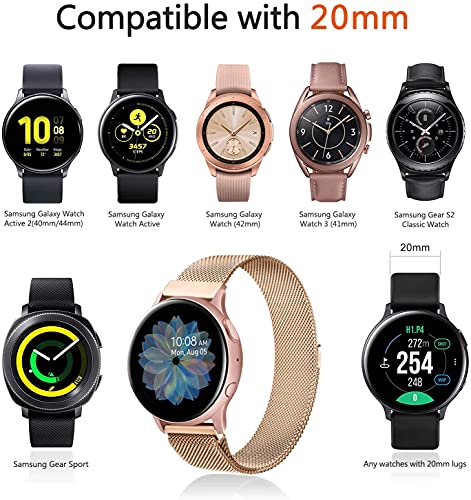 Wanme Correa Compatible con Samsung Galaxy Watch Active/Active 2 40mm 44mm, 20mm Metal Pulsera de Repuesto de Acero Inoxidable para Galaxy Watch 3 41mm / Gear S2 Classic/Gear Sport (Oro Rosa)